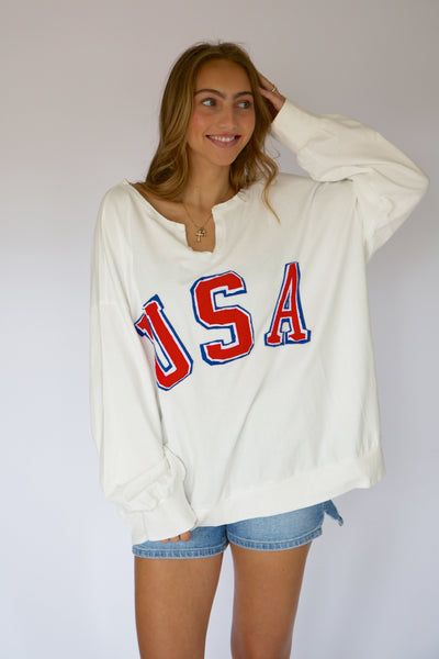 White V-neck USA Sweatshirt (Plus) – harlow & poppy